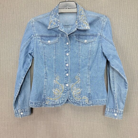 Moka Sport Womens Size Medium Rhinestone Embellished Denim Jacket - Picture 1 of 8